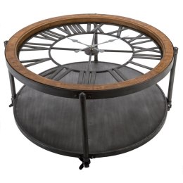 Stolik kawowy Torof z zegarem 90 cm Wytrzymała konstrukcja wykonana z połączenia metalu, drewna oraz szkła, okrągły blat, mebel  Atmosphera