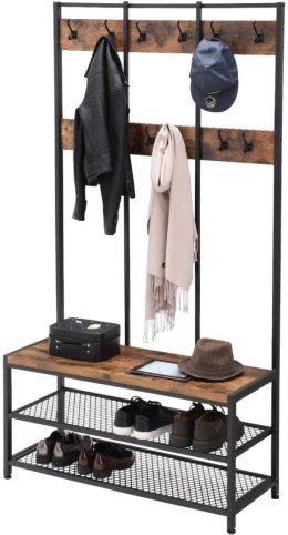 Duży wieszak na ubrania 2 półki i ławka Duża garderoba stojąca w stylu vintage oraz industrialnym, metalowy czarny stelaż i soli Songmics