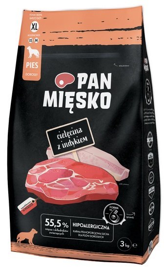 Pan Mięsko Karma sucha dla psa - cielęcina i indyk chrupki XL 3kg