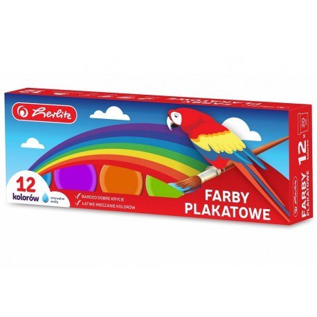 Farby plakatowe szkolne w kubeczkach 20ml - 12 kolorów